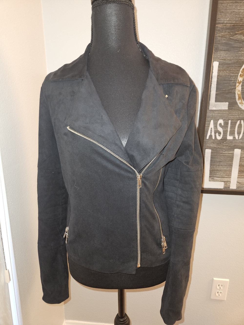 Shinestar Black Suede Asymmetrical Zip Bomber Jacket